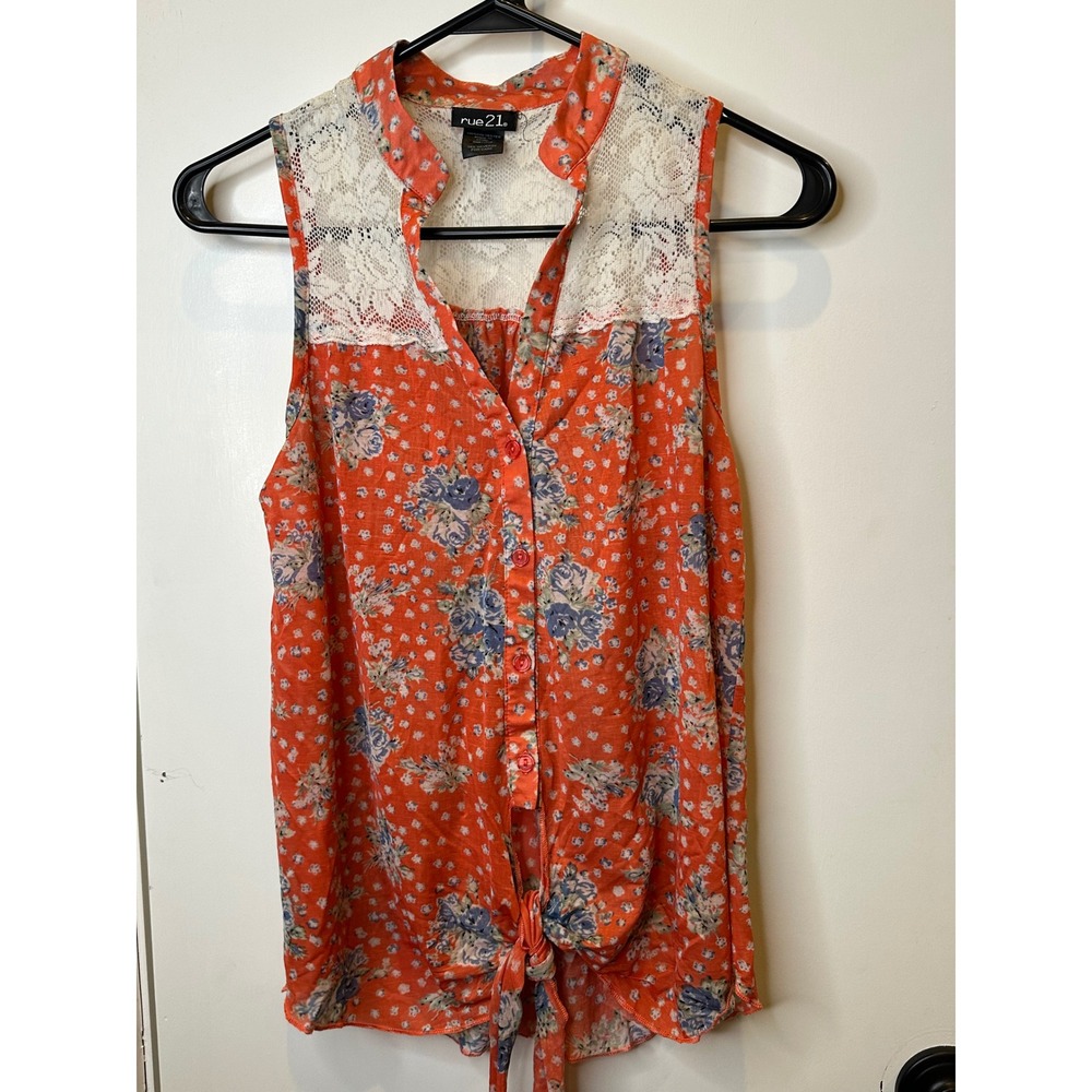 Rue21 Womens Orange Floral Lace Accent Tie Front Sleeveless Button Up Blouse M